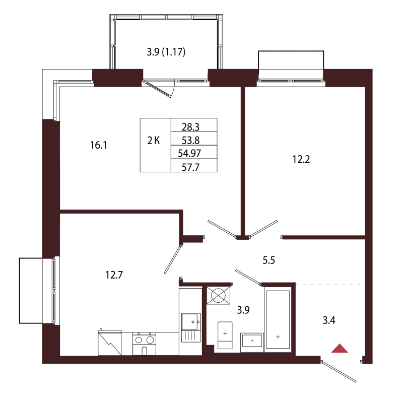2 ккв 55 м²