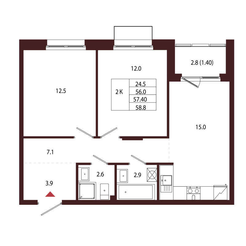 3 ккв (Евро) 57,4 м²