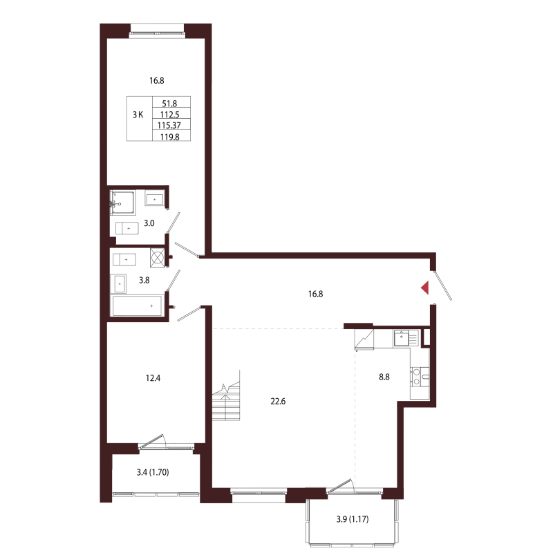 3 ккв 115,4 м²