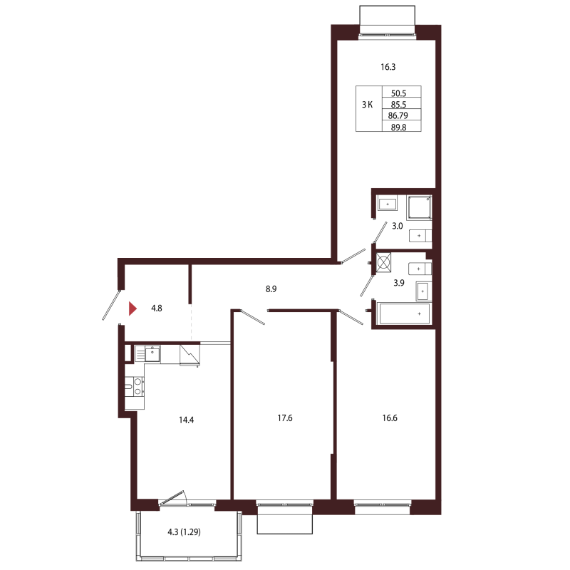 3 ккв 86,8 м²
