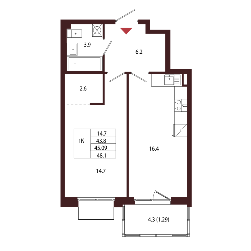 2 ккв (Евро) 45,1 м²