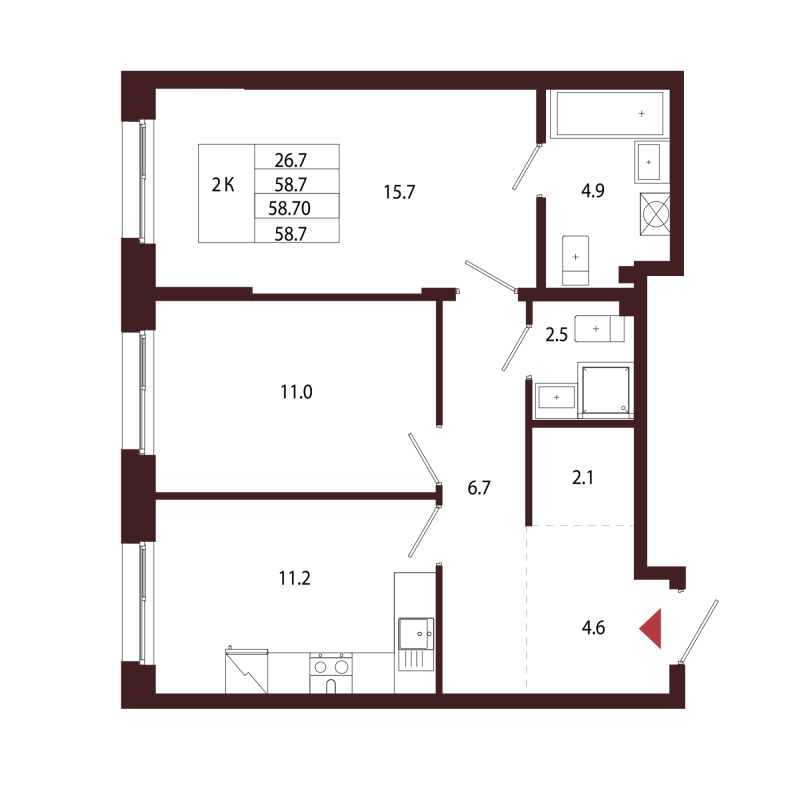 2 ккв 58,7 м²