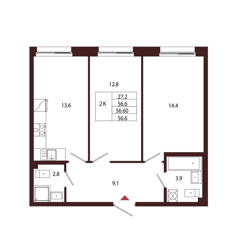 2 ккв 56,6 м²