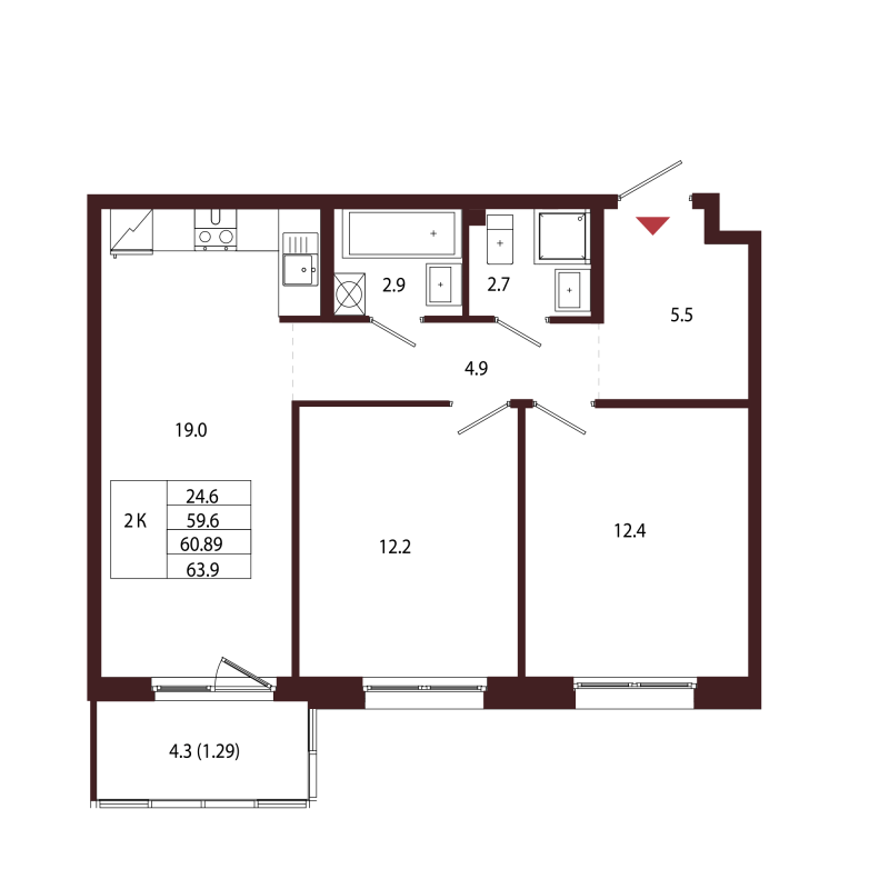 3 ккв (Евро) 60,9 м²