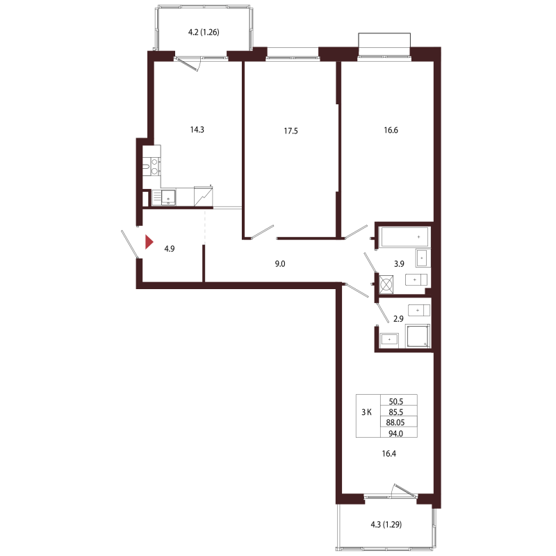3 ккв 88,1 м²