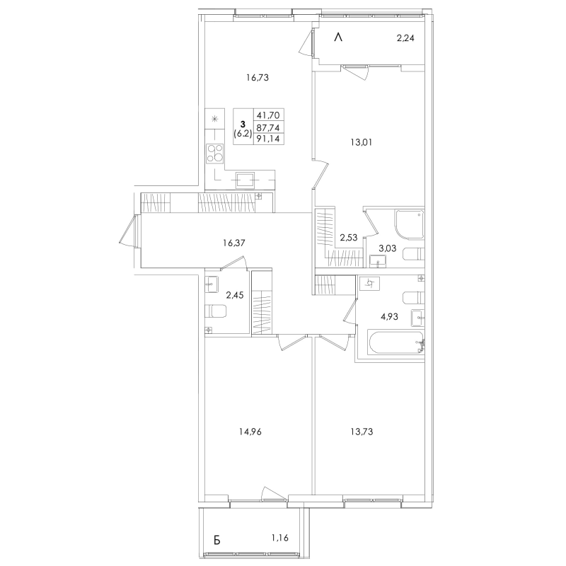 4 ккв (Евро) 91,1 м²