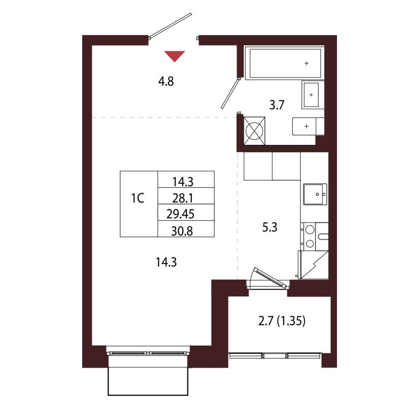 Студия 29,5 м²