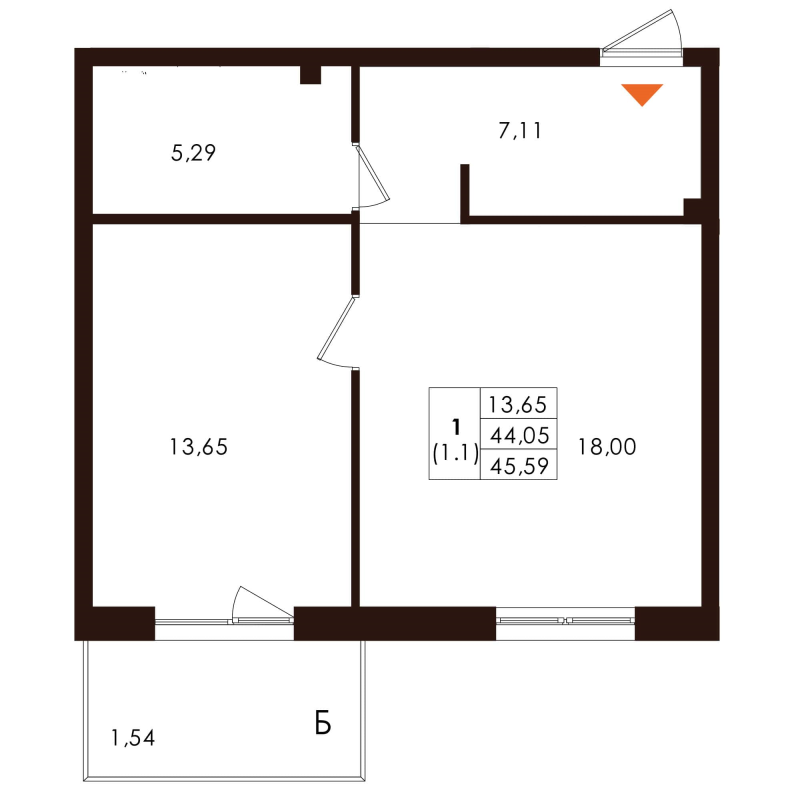 2 ккв (Евро) 45,6 м²