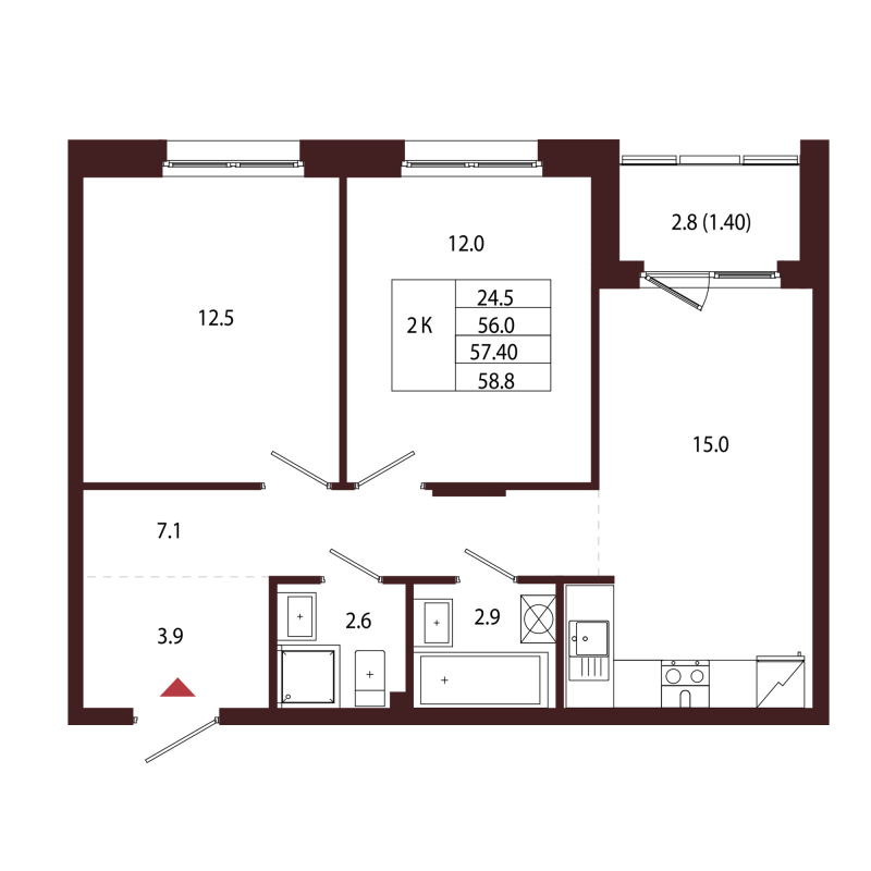 3 ккв (Евро) 57,4 м²