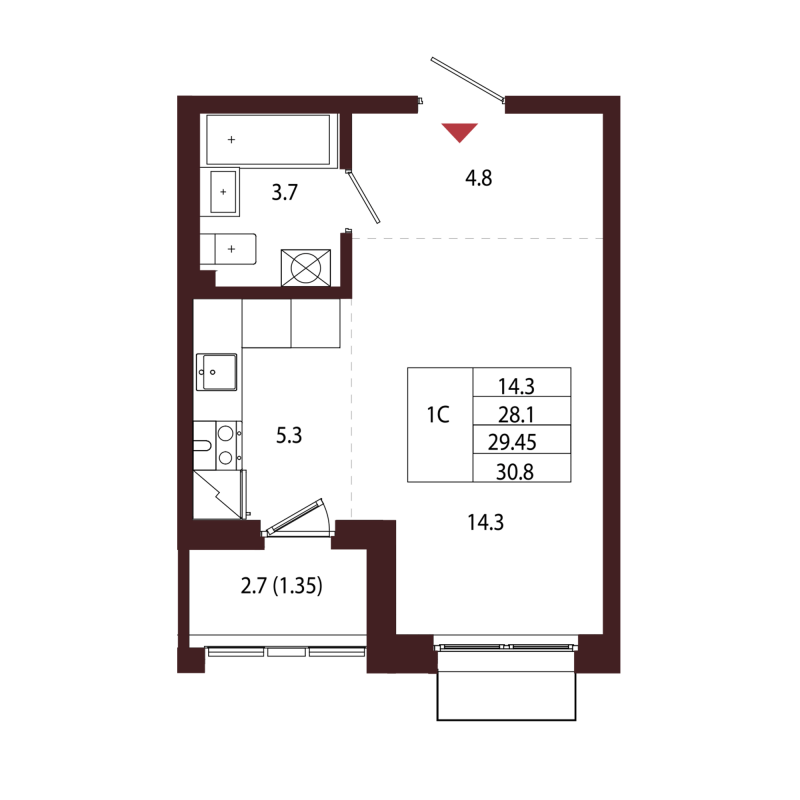 Студия 29,5 м²