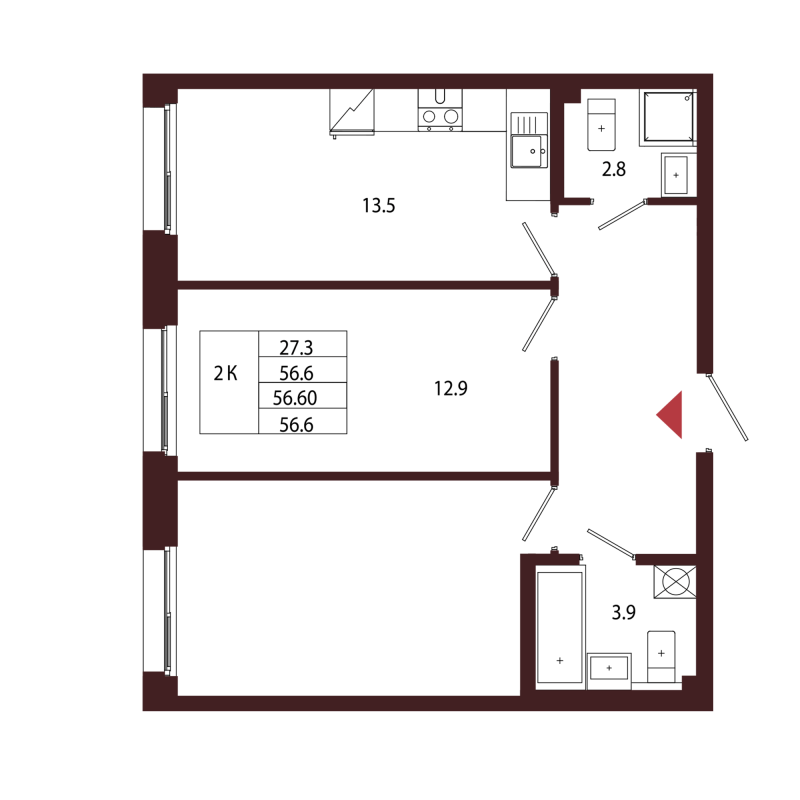 2 ккв 56,6 м²