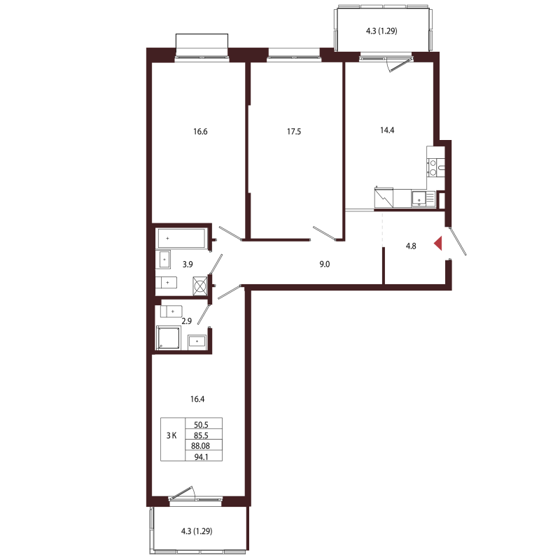 3 ккв 88,1 м²