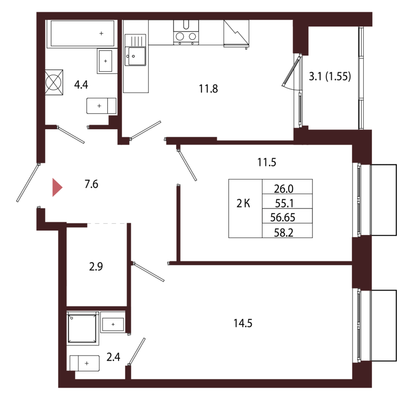 2 ккв 56,7 м²