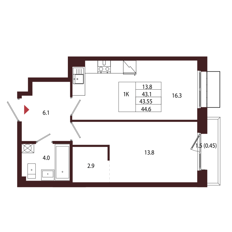 2 ккв (Евро) 43,6 м²