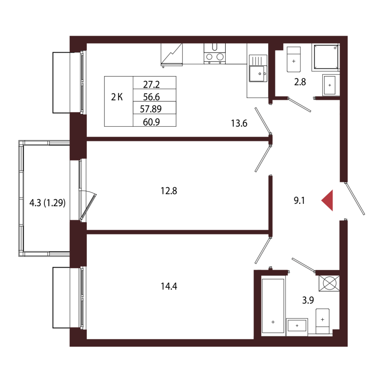 2 ккв 57,9 м²