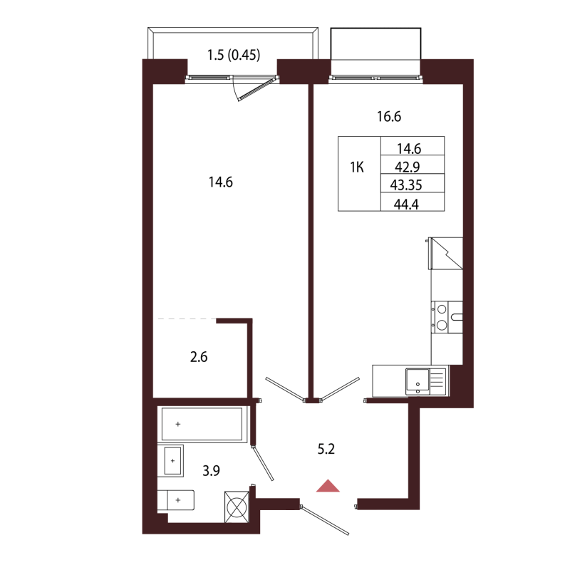 2 ккв (Евро) 43,4 м²