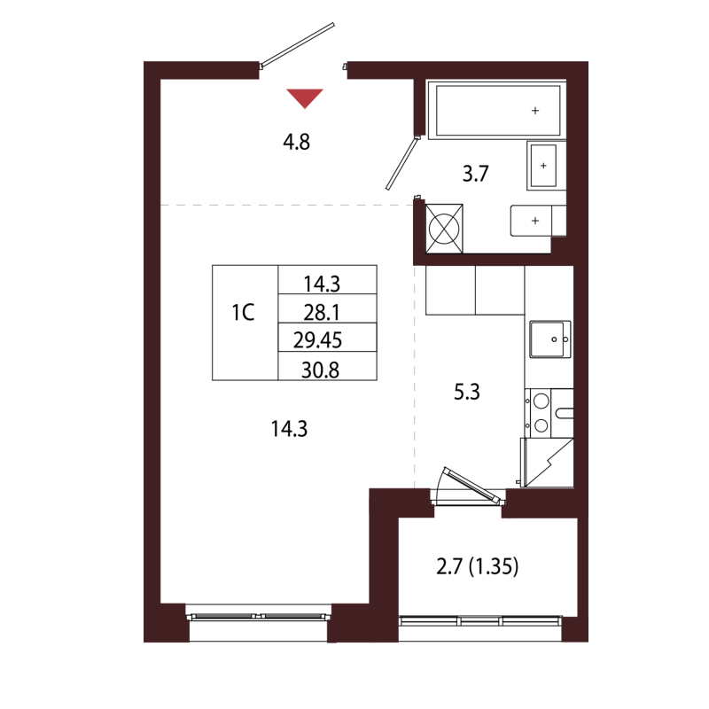 Студия 29,5 м²