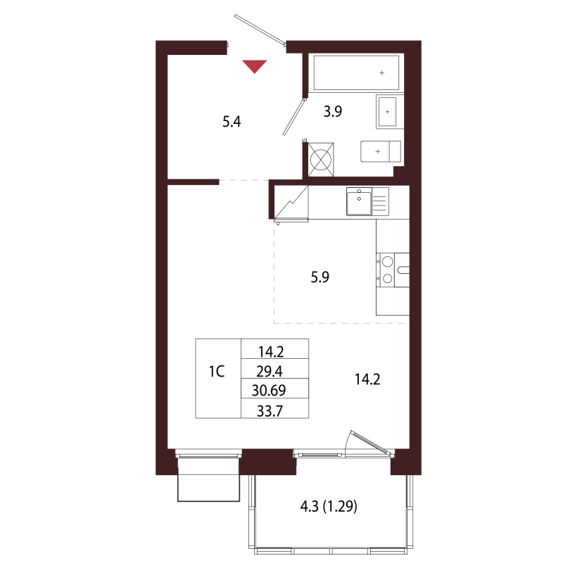 Студия 30,7 м²