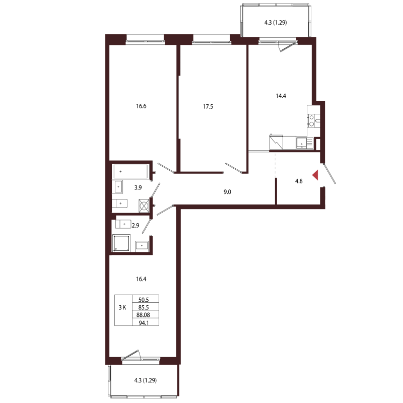 3 ккв 88,1 м²