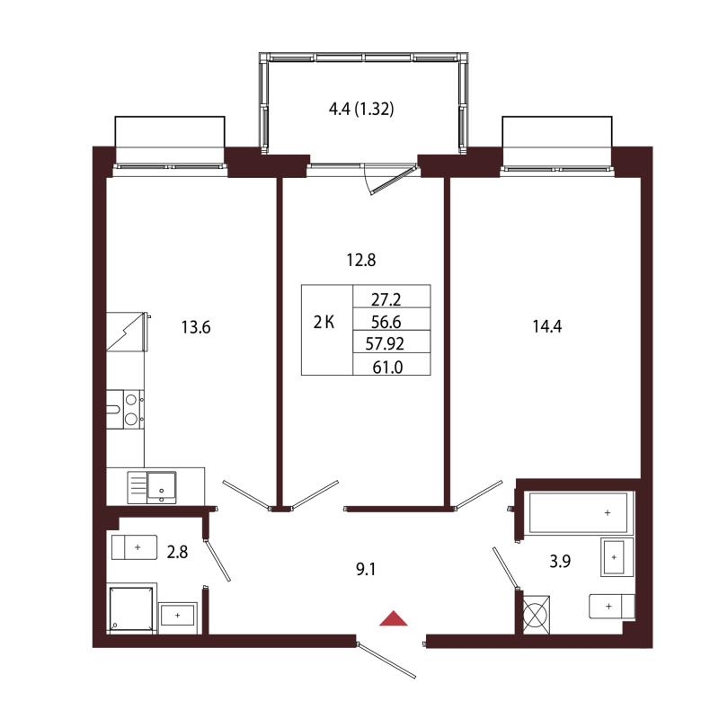 2 ккв 57,9 м²