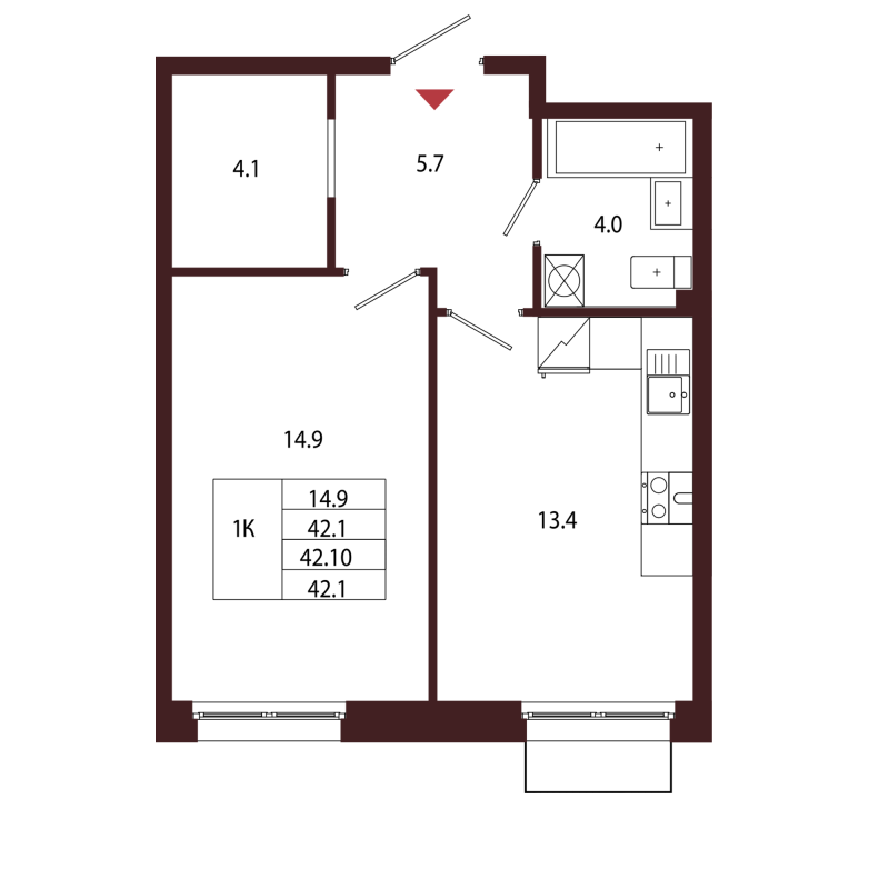 1 ккв 42,1 м²