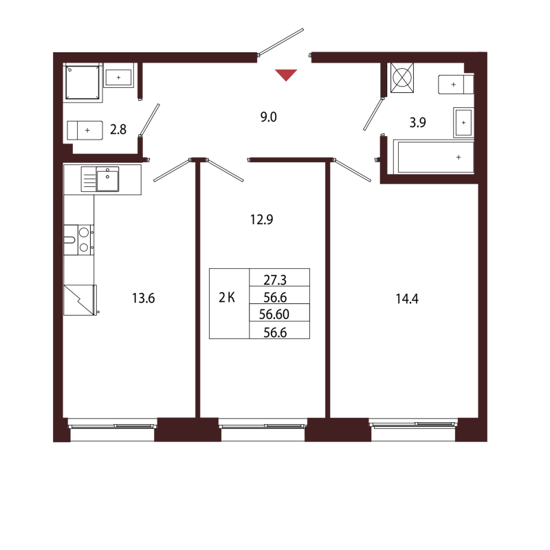 2 ккв 56,6 м²