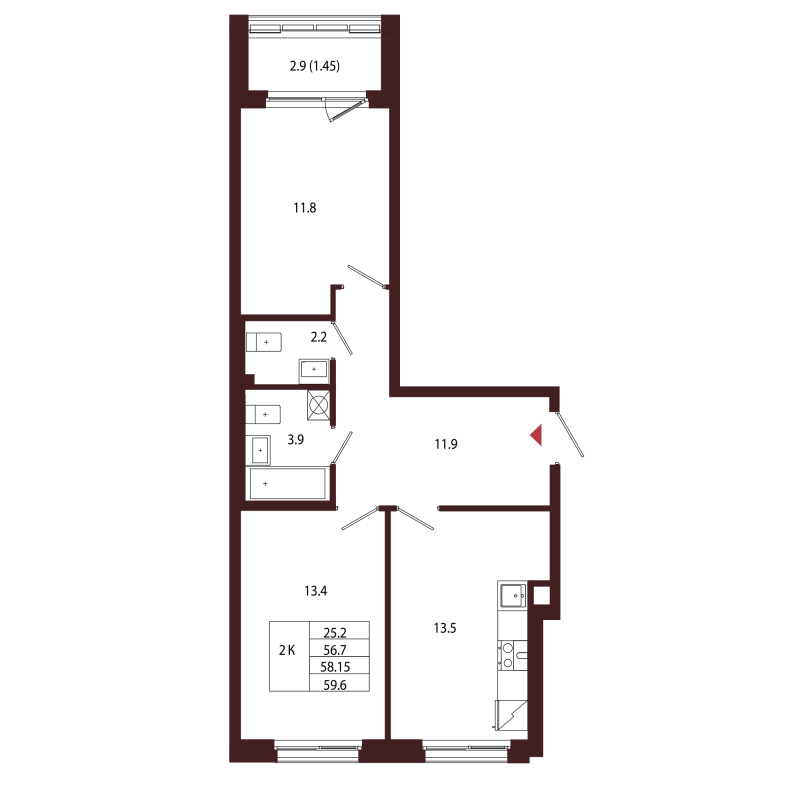 2 ккв 58,2 м²