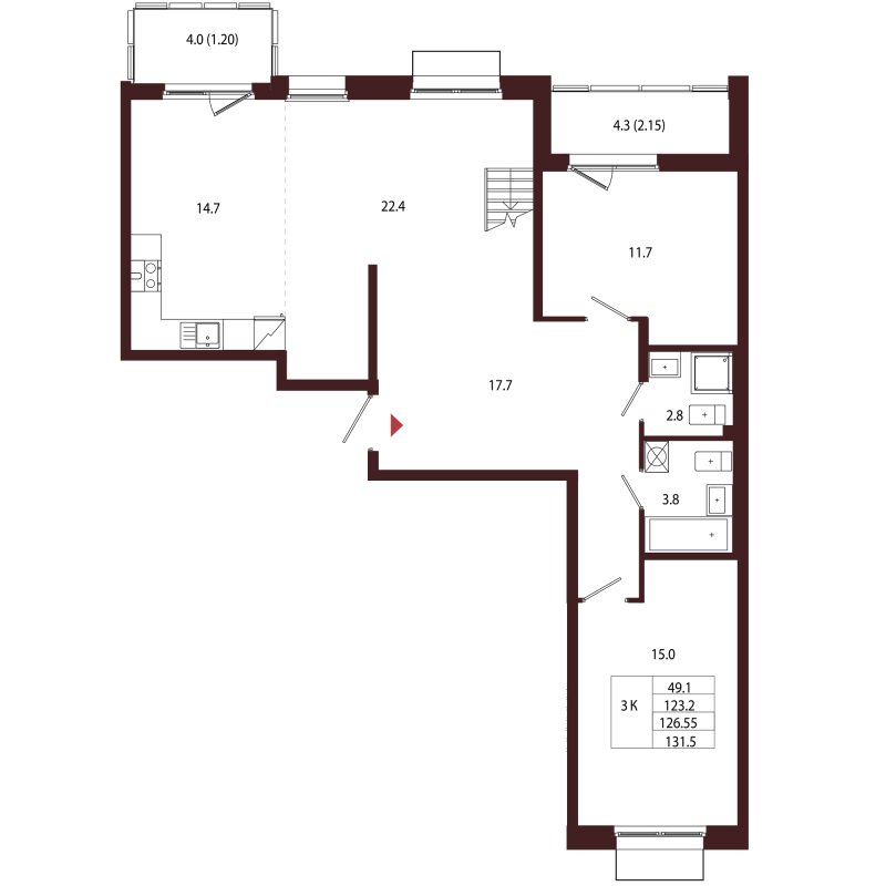 3 ккв 126,6 м²
