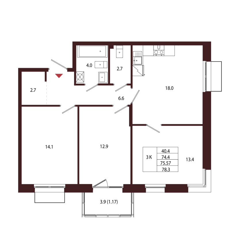 4 ккв (Евро) 75,6 м²