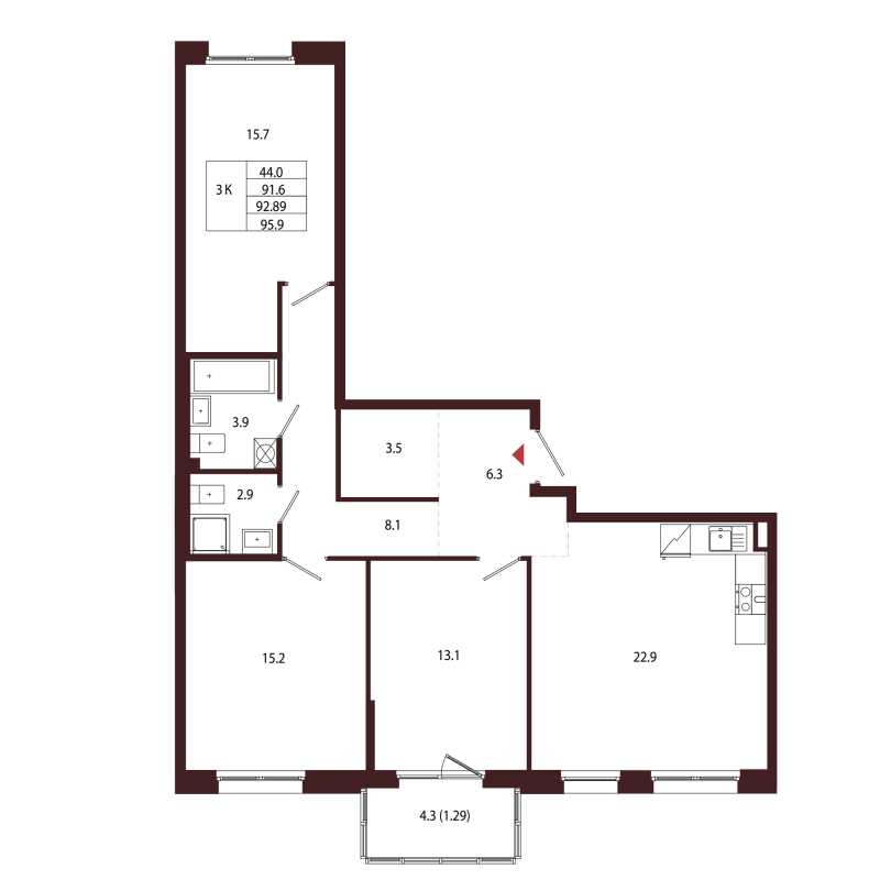 4 ккв (Евро) 92,9 м²