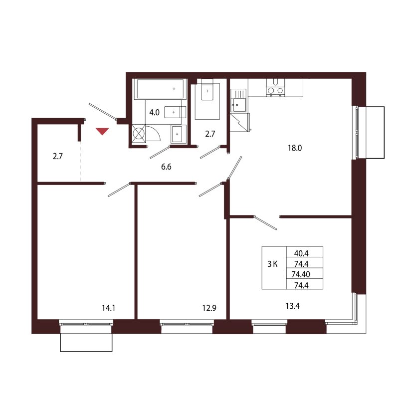 4 ккв (Евро) 74,4 м²