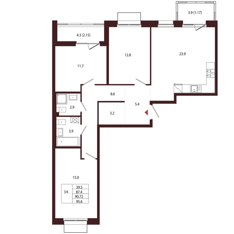 4 ккв (Евро) 90,7 м²