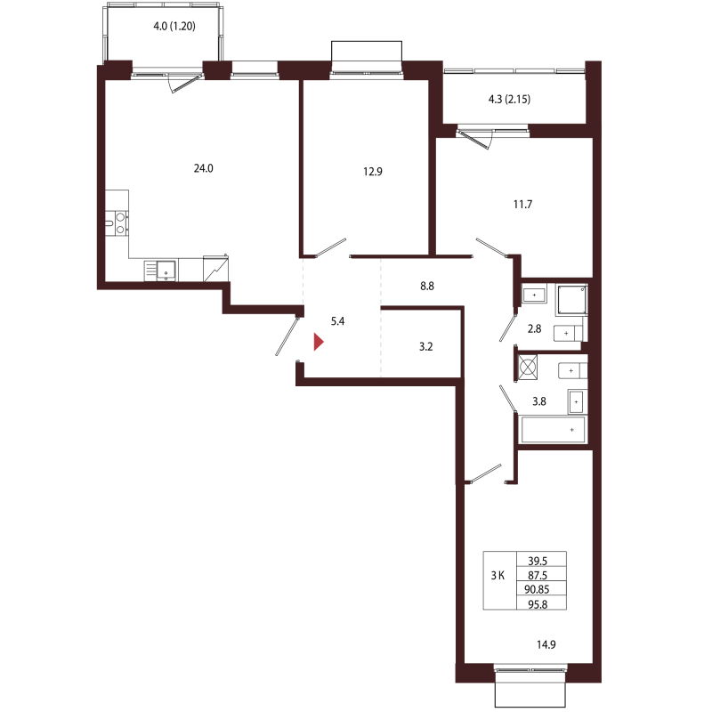 4 ккв (Евро) 90,9 м²