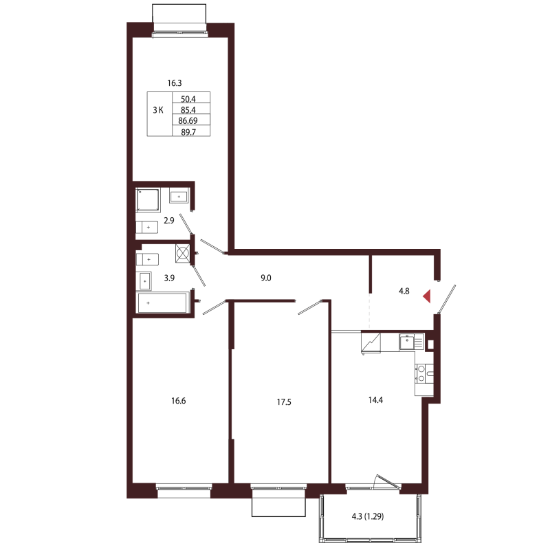 3 ккв 86,7 м²