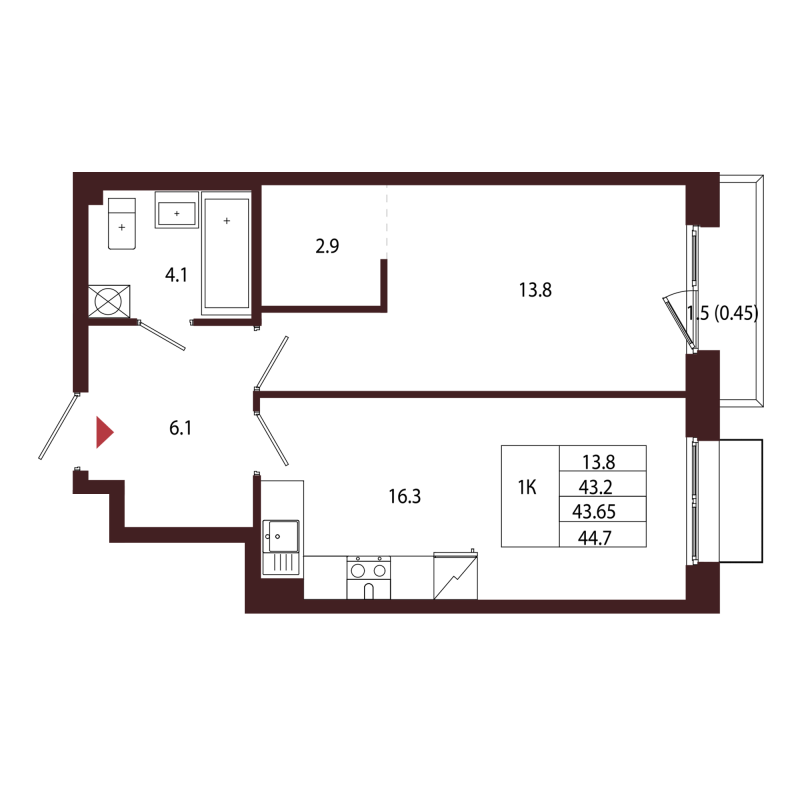 2 ккв (Евро) 43,7 м²