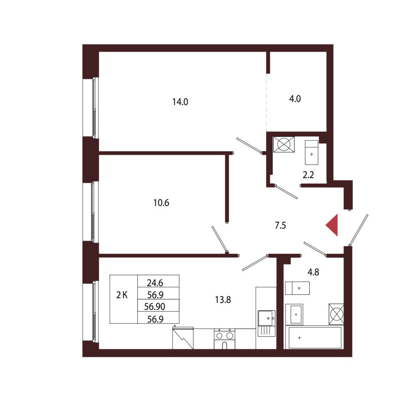 2 ккв 56,9 м²