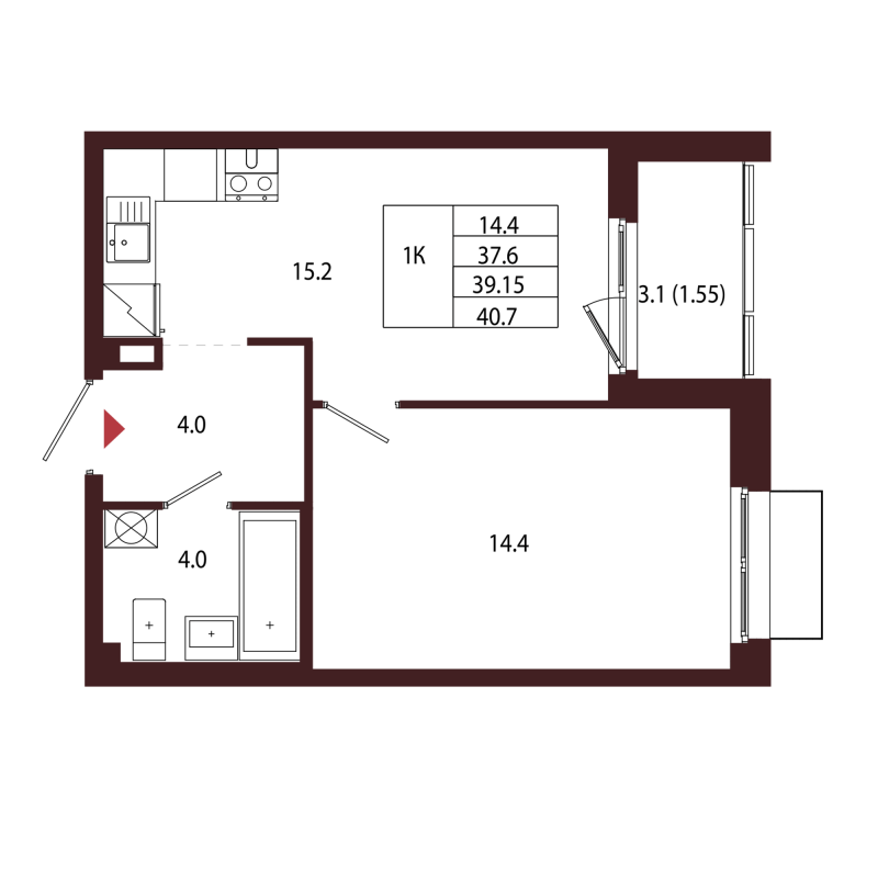 2 ккв (Евро) 39,2 м²