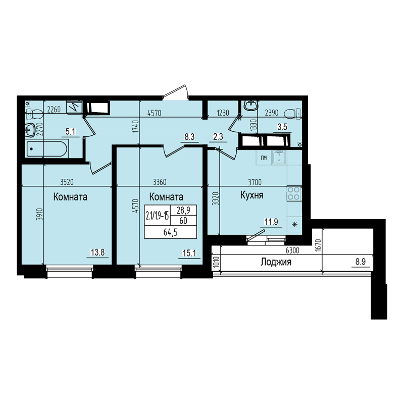 2 ккв 64,5 м²