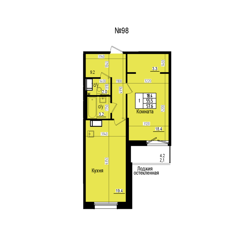 2 ккв (Евро) 57,6 м²