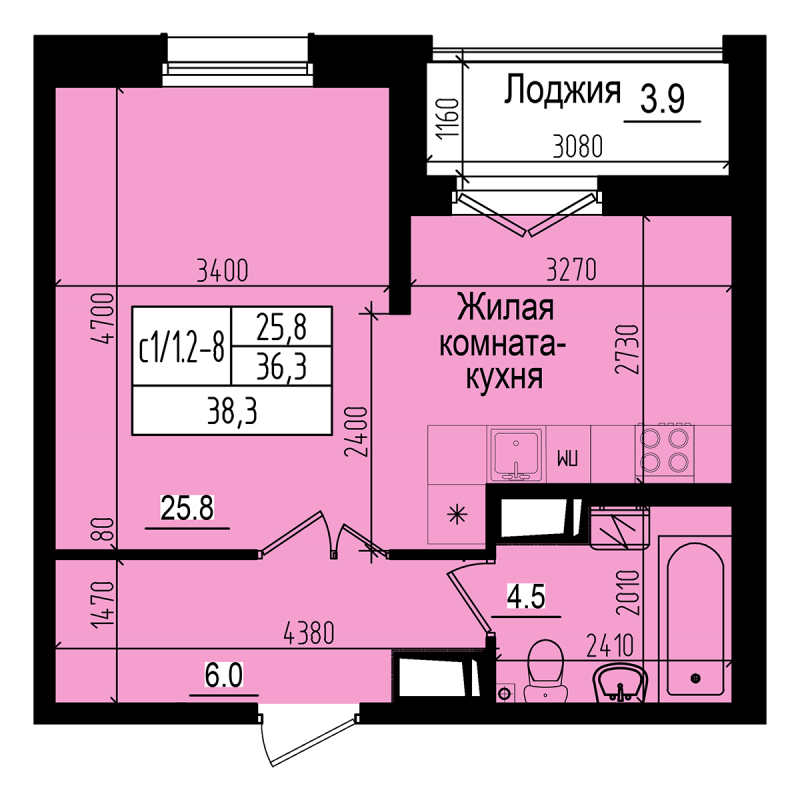 Студия 38,3 м²