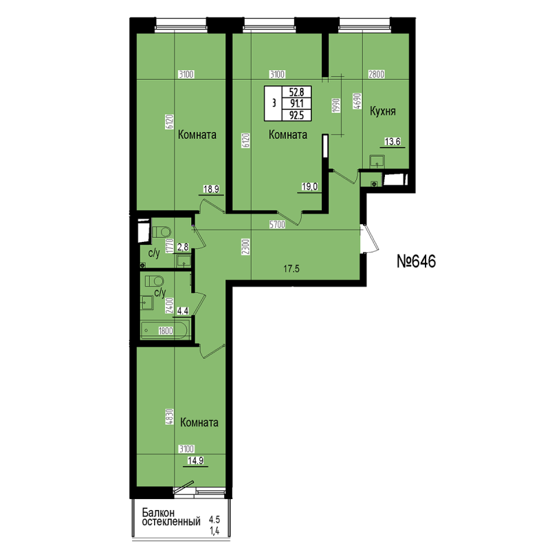 3 ккв 92,5 м²