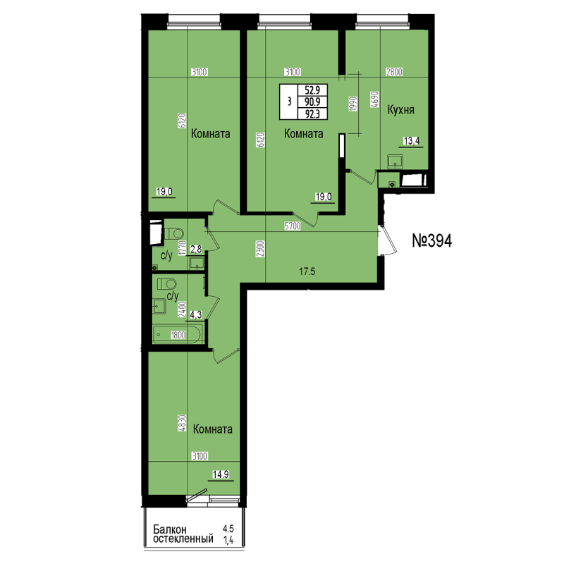 3 ккв 92,3 м²