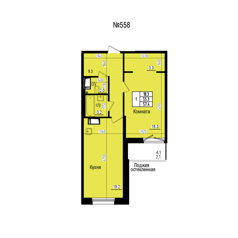 2 ккв (Евро) 57,4 м²