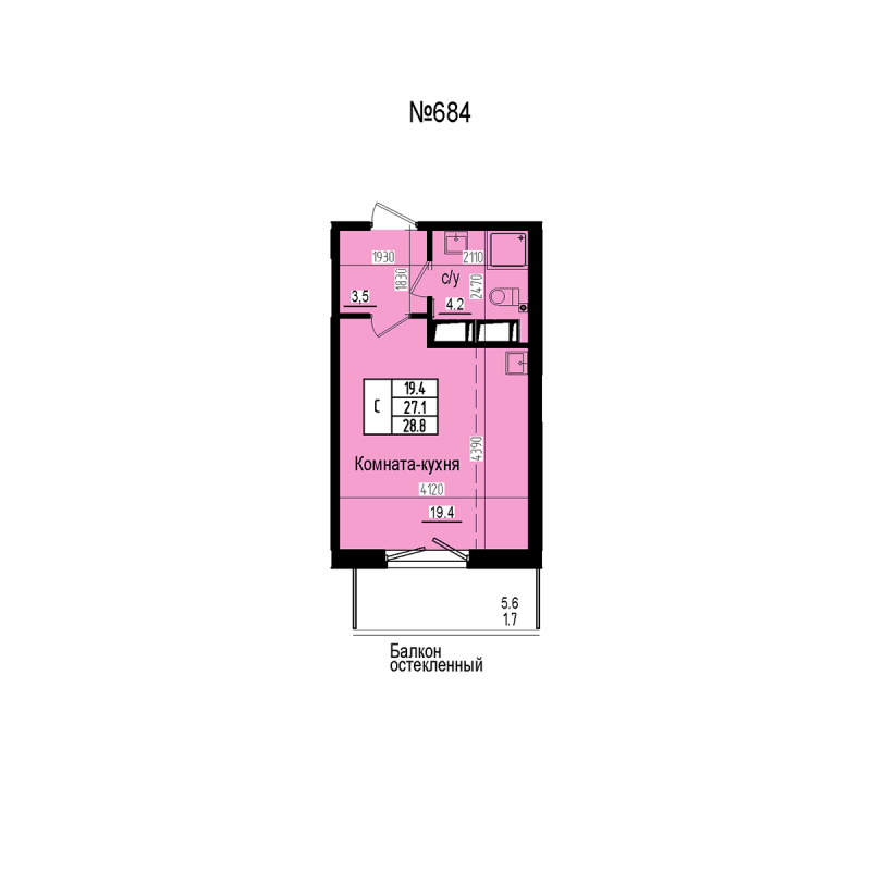 Студия 28,8 м²