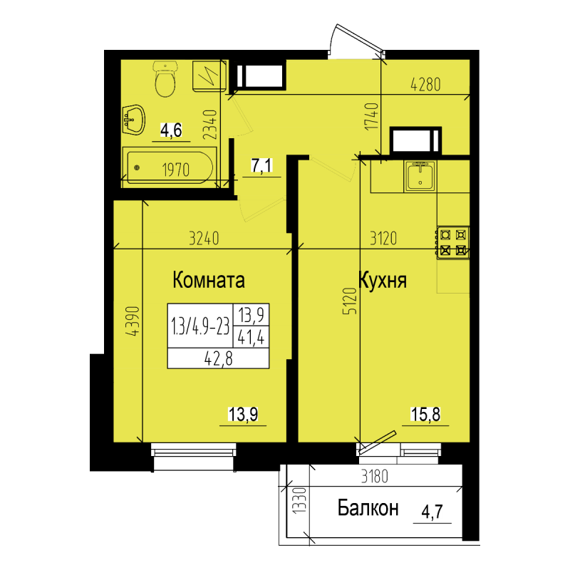 2 ккв (Евро) 42,8 м²