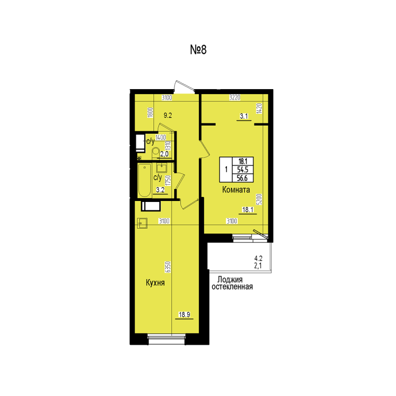 2 ккв (Евро) 56,6 м²