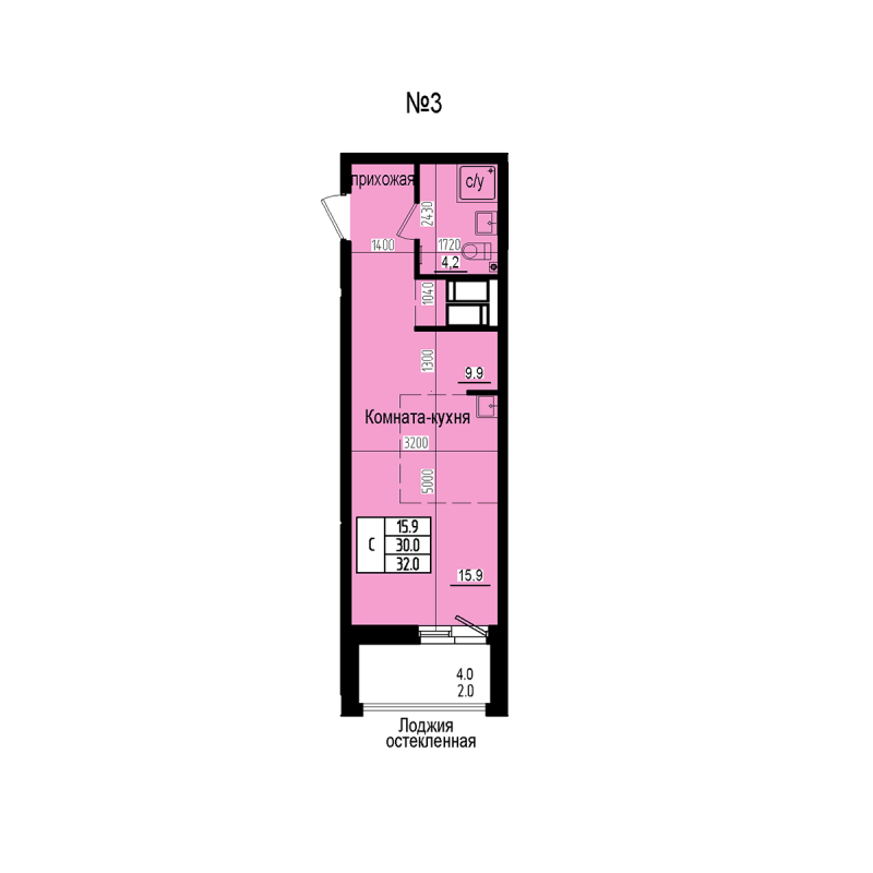 Студия 32 м²