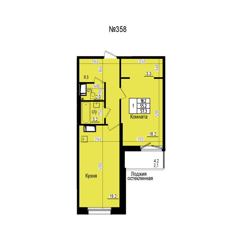 2 ккв (Евро) 57,3 м²