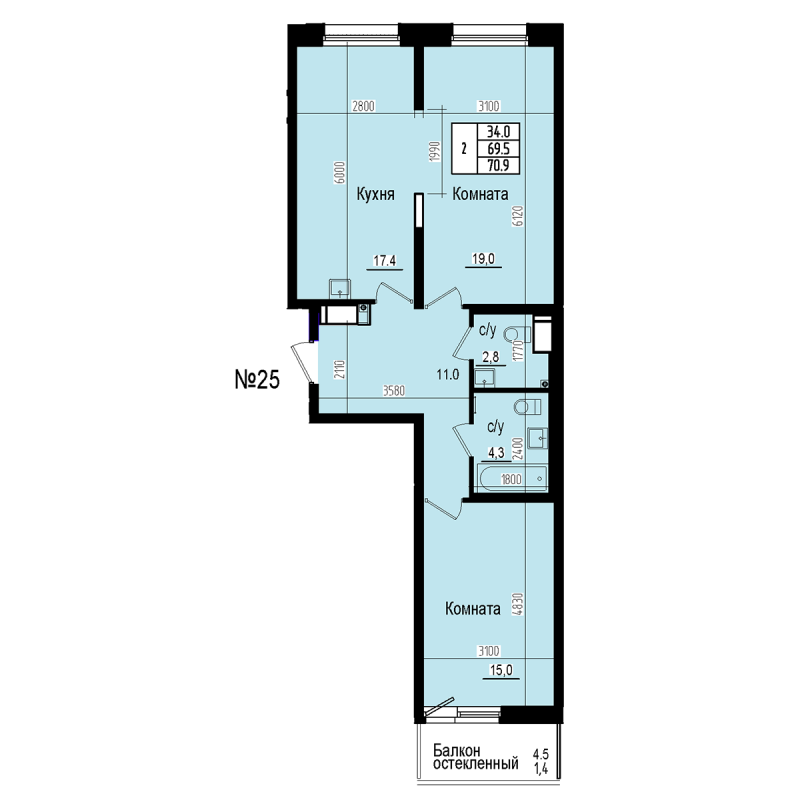 3 ккв (Евро) 70,9 м²