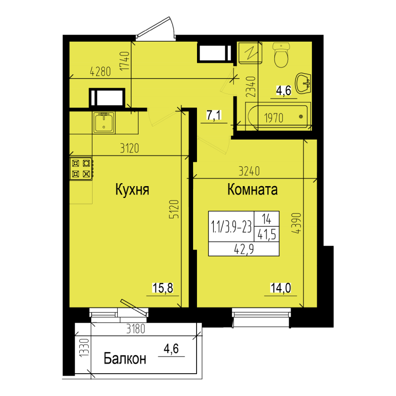 2 ккв (Евро) 42,9 м²